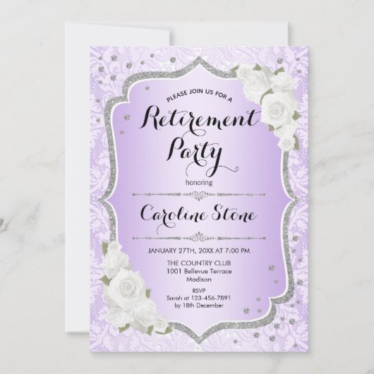Invitation Parti de retraite - Roses blanches d'argent violet (Devant)