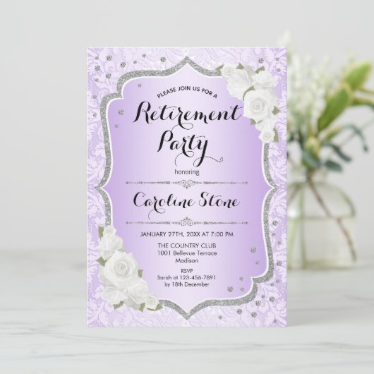 Invitation Parti de retraite - Roses blanches d'argent violet (Debout devant)