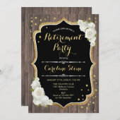 Invitation Parti de retraite - Roses blanches en bois rustiqu (Devant / Derrière)