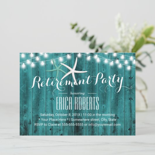 Invitation Parti de retraite Rustic Turquoise Beach Starfish (Debout devant)