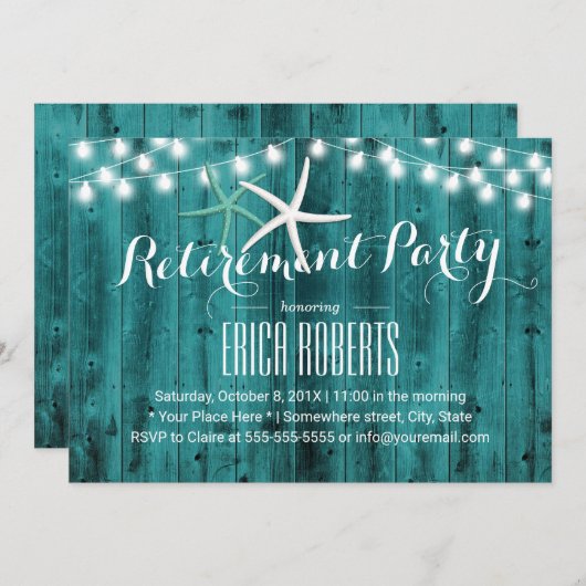 Invitation Parti de retraite Rustic Turquoise Beach Starfish (Devant / Derrière)