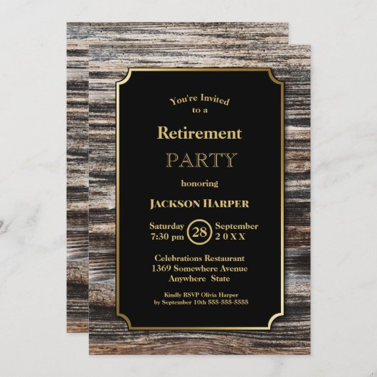 Invitation Parti de retraite Rustique Bois Gold Frontière (Devant / Derrière)