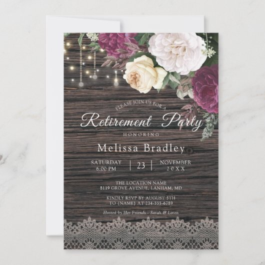 Invitation Parti de retraite Rustique Floral (Devant)
