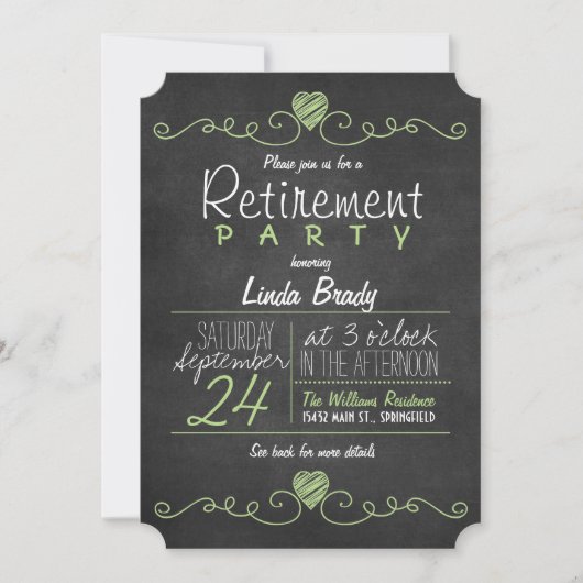 Invitation Parti de retraite Rustique Green et White Chalkboa (Devant)