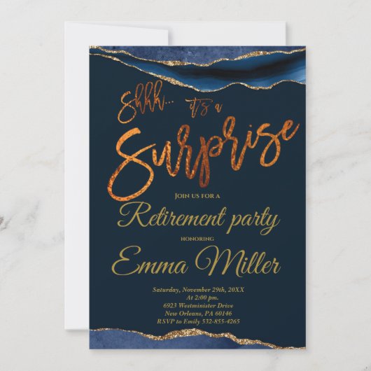 Invitation Parti de retraite surprise, Gold et Navy (Devant)