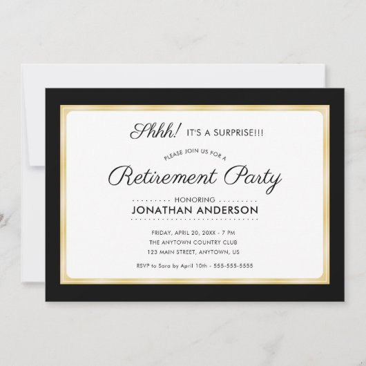 Invitation Parti de retraite surprise Horizontal Noir & Or (Devant)