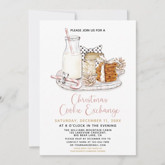 Invitation Parti d'échange de biscuits de Noël rose et or mod (Devant)