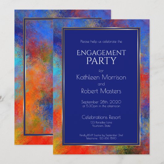 Invitation Parti d'engagement Blue Gold Red Watercolor (Devant / Derrière)