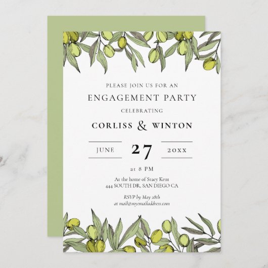 Invitation Parti d'engagement de la branche Olive moderne (Devant / Derrière)