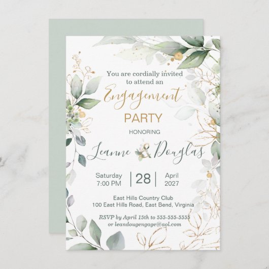 Invitation Parti d'engagement des feuilles de couleur verte e (Devant / Derrière)