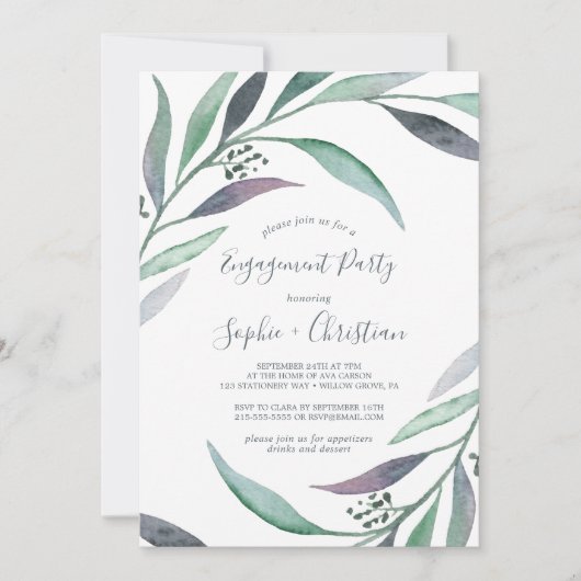 Invitation Parti d'engagement Eucalyptus violet et vert (Devant)