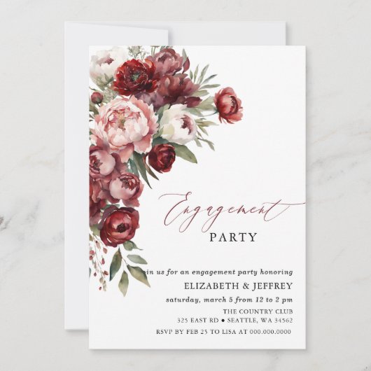 Invitation Parti d'engagement floral de Burgundy moderne (Devant)