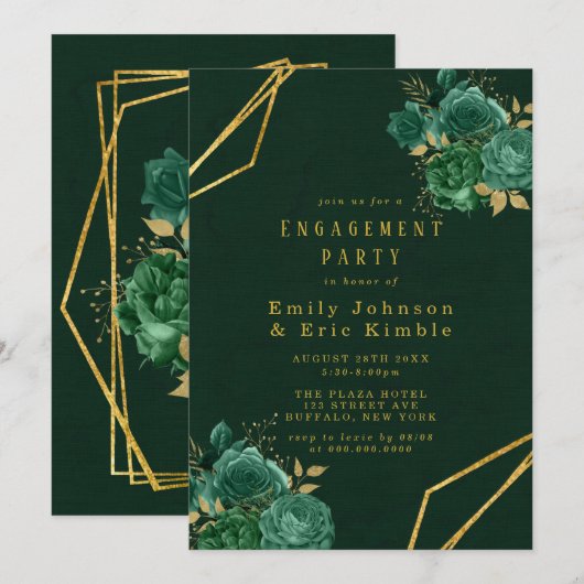 Invitation Parti d'engagement floral géométrique vert et or (Devant / Derrière)