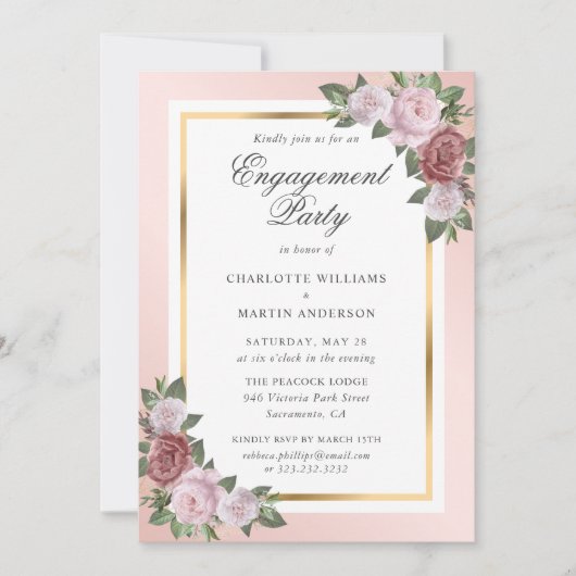 Invitation Parti d'engagement floral rose et or (Devant)