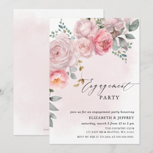 Invitation Parti d'engagement floral rose rose élégant modern (Devant / Derrière)