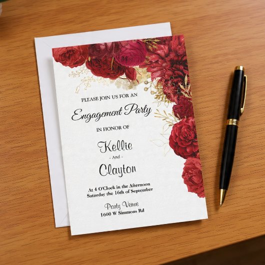 Invitation Parti d'engagement Floral Rouge Et Or