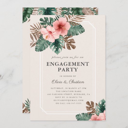 Invitation Parti d'engagement floral tropical moderne Boho (Devant / Derrière)