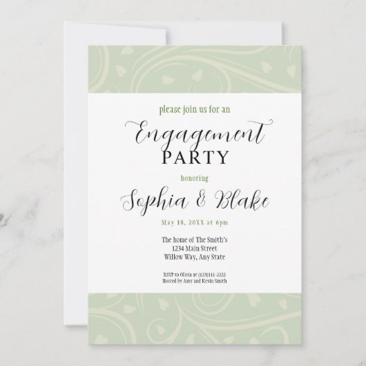 Invitation Parti d'engagement floral vert et blanc moderne (Devant)