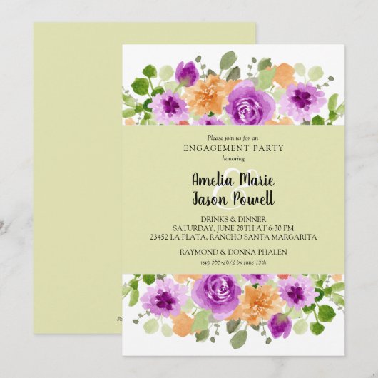 Invitation Parti d'engagement floral violet chic (Devant / Derrière)