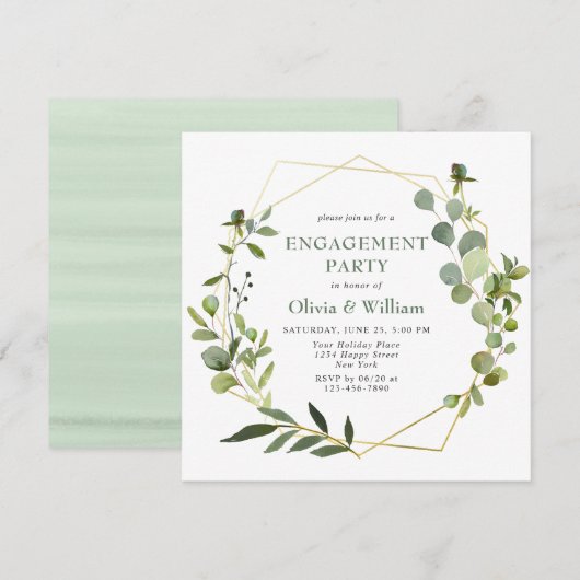 Invitation PARTI D'ENGAGEMENT Géométrique Eucalyptus Moderne (Devant / Derrière)