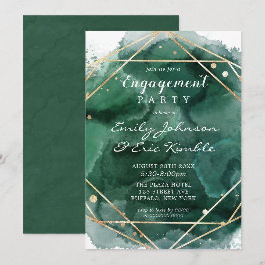 Invitation Parti d'engagement géométrique Green Gold (Devant / Derrière)