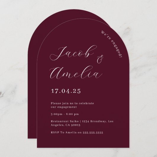 Invitation Parti d'engagement moderne Arch Plum (Devant / Derrière)