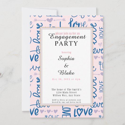 Invitation Parti d'engagement moderne Pink & Blue Love (Devant)