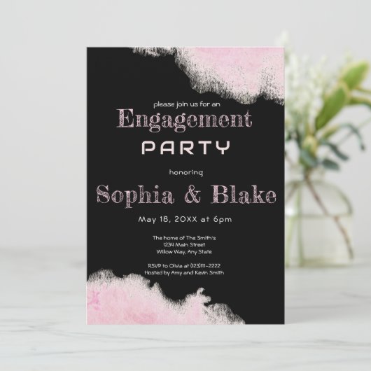 Invitation Parti d'engagement moderne rose et noir (Debout devant)