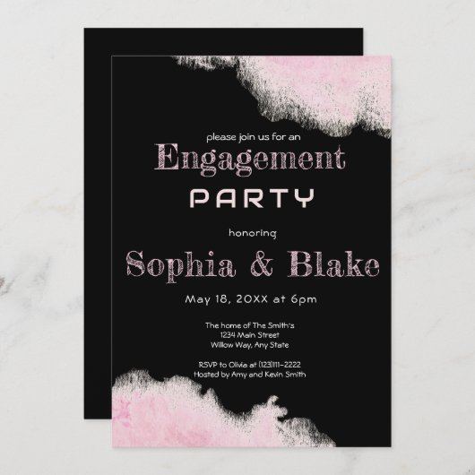 Invitation Parti d'engagement moderne rose et noir (Devant / Derrière)