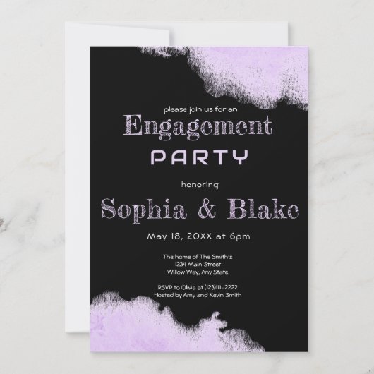 Invitation Parti d'engagement moderne violet et noir (Devant)
