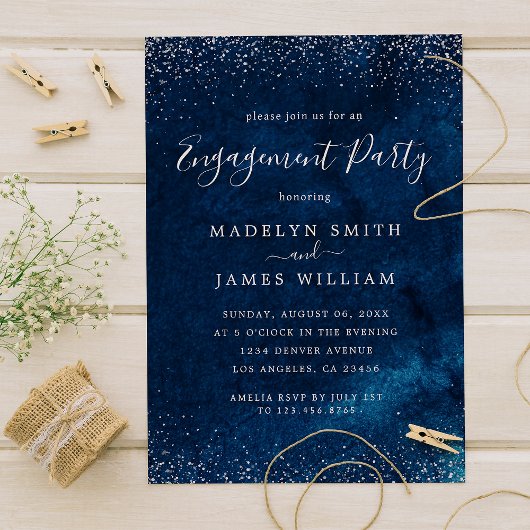 Invitation Parti d'engagement romantique Marine Bleu Argent
