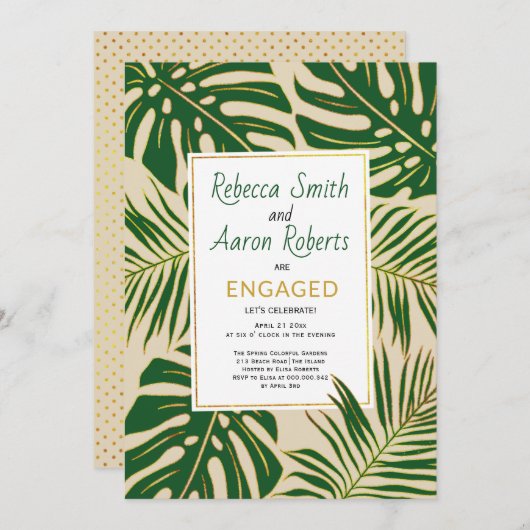 Invitation Parti d'engagement vert tropical feuille beige (Devant / Derrière)