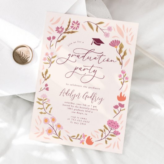 Invitation Parti des diplômés Fleur sauvage roses