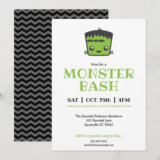 Invitation Parti d'Halloween du monstre Cute Kawaii Frankenst (Devant / Derrière)