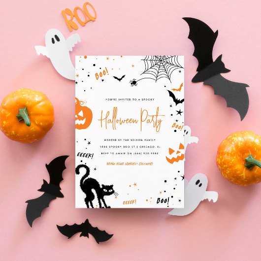 Invitation Parti d'Halloween Éffrayant blanc orange moderne