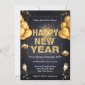 Invitation Parti du Nouvel An des Balloons noirs et dorés (Devant)