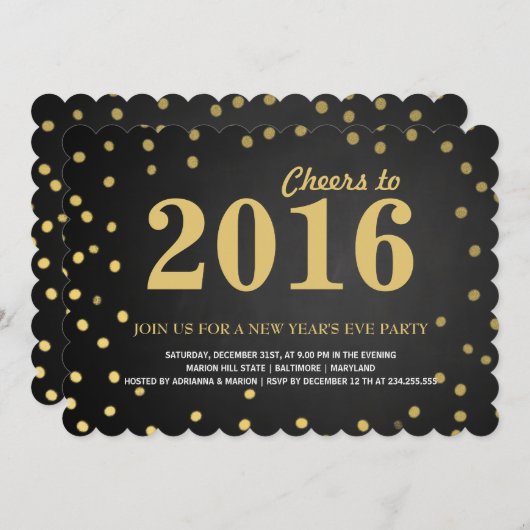 Invitation Parti du Nouvel An Gold Confetti 2016 (Devant / Derrière)
