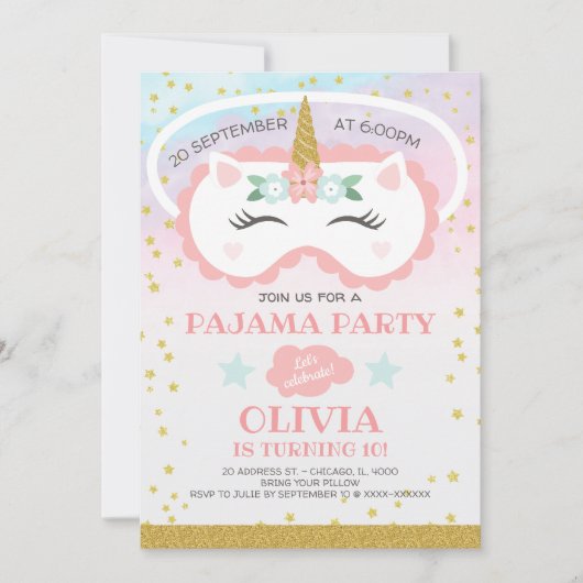 Invitation Parti du pyjama de la Unicorne (Devant)