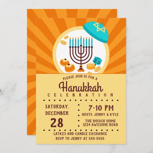 Invitation Parti Hanoukka coloré (Devant / Derrière)