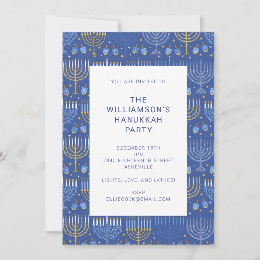 Invitation Parti Hanoukka moderne Blue Yellow Menorah (Devant)
