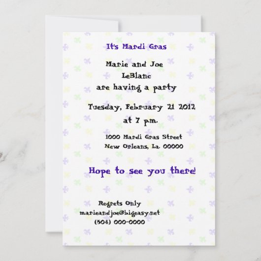 Invitation Parti Mardi Gras (Dos)