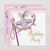 Invitation Parti mascarade de perle rose et or (Devant / Derrière)