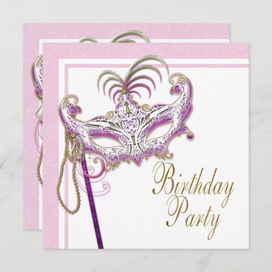 Invitation Parti mascarade de perle rose et or (Devant / Derrière)