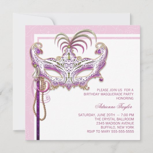 Invitation Parti mascarade de perle rose et or (Dos)