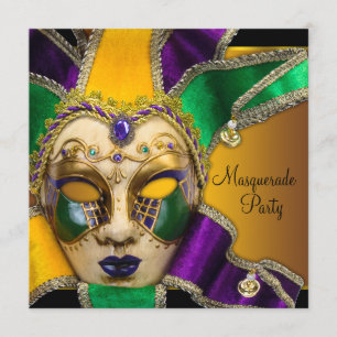 Invitation Parti mascarade vert pourpre et or