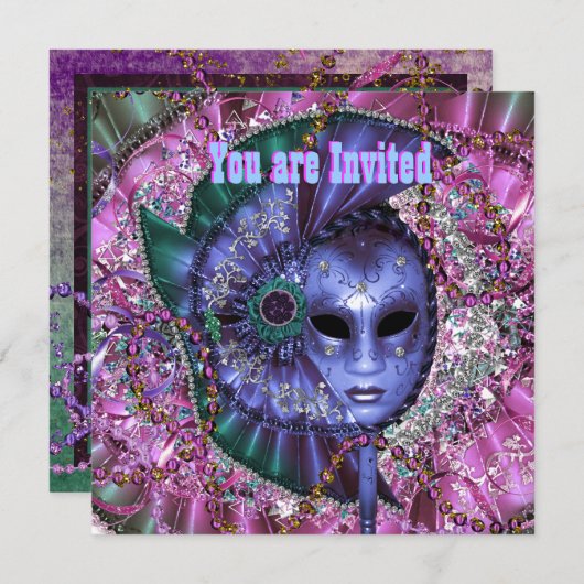 Invitation Parti mascarade violet vert (Devant / Derrière)