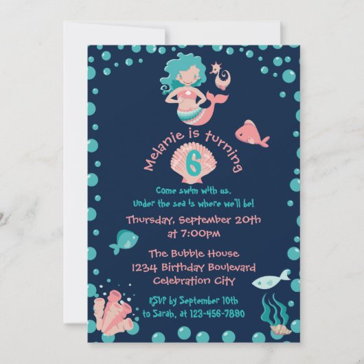 Invitation Parti Mermaid| Fête du 6e anniversaire de la fille (Devant)