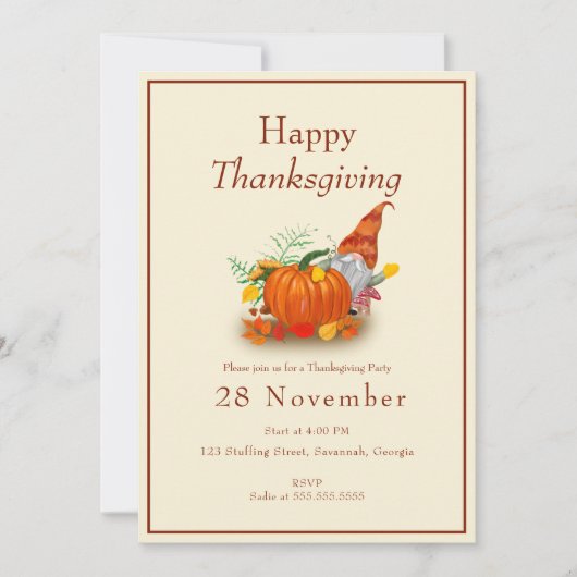 Invitation Parti minimaliste Gnome de Thanksgiving (Devant)