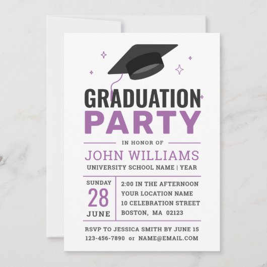 Invitation Parti moderne Gras Noir Blanc Violet Graduation (Devant)
