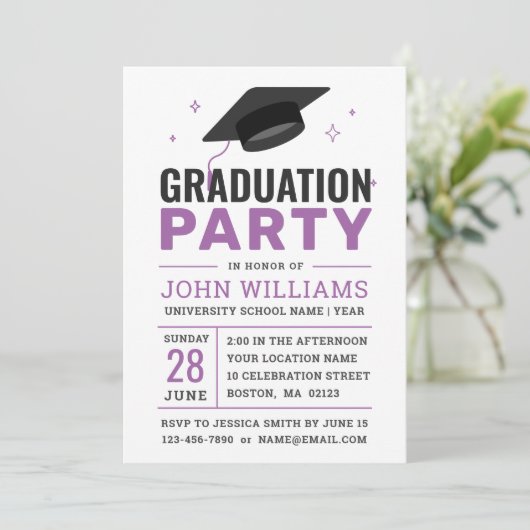 Invitation Parti moderne Gras Noir Blanc Violet Graduation (Debout devant)